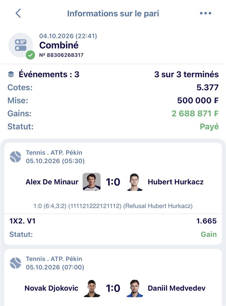 Tennis — Combiné 3 matchs — Payé